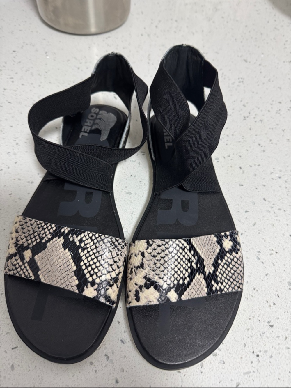 Sorel Black Sandals with Beige Snake-Print Front Strap